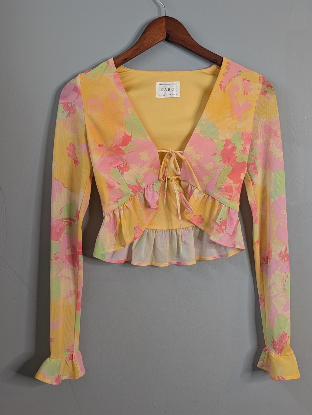 Sabo Skirt Khara Frill Top Mesh Crop Blouse Tie Front XS 2